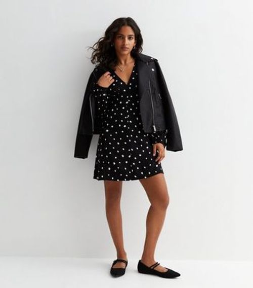 Petite Black Spot V Neck Mini...