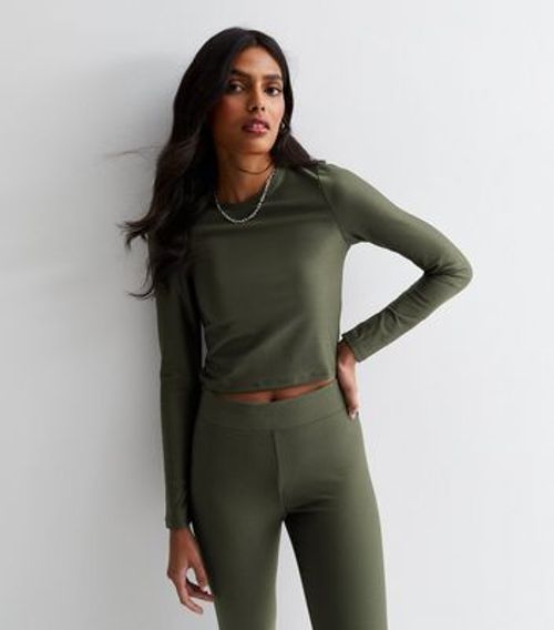 Khaki Ribbed Long Sleeve Crop...