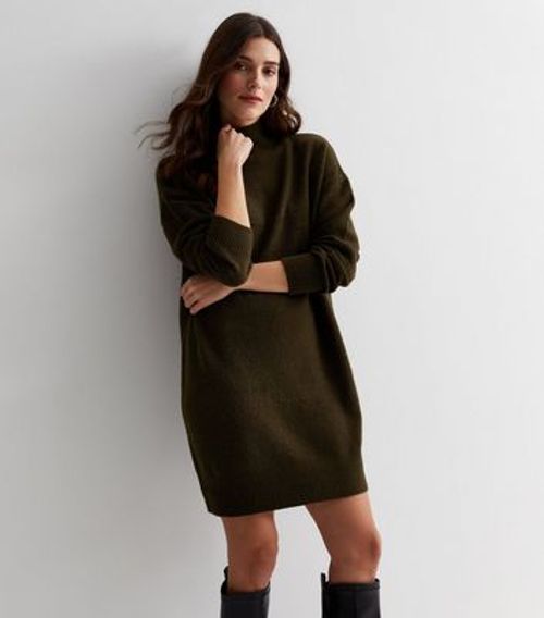 Camel Ribbed Knit High Neck Mini Dress