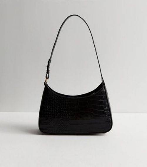 Black Faux Croc Shoulder Bag...