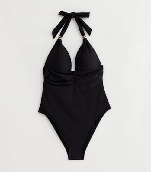 New Look halter neck cut out swimsuit in black