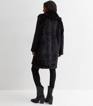 New look black store faux fur longline coat