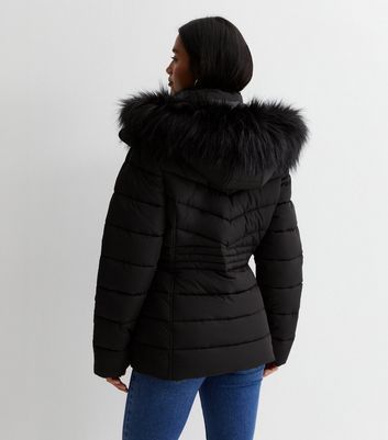Petite black faux fur hood fitted puffer jacket sale