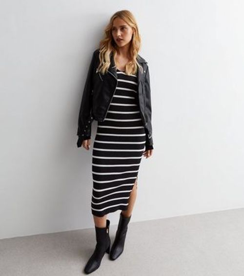 Black Stripe Knit V Neck Midi...