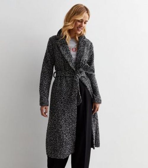 Black Bouclé Belted Long Coat...