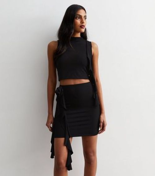 Black Jersey Drape Mini Skirt...