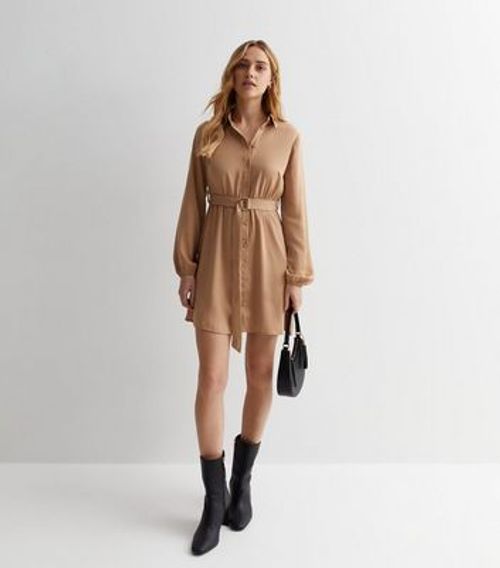 Camel Belted Mini Shirt Dress...