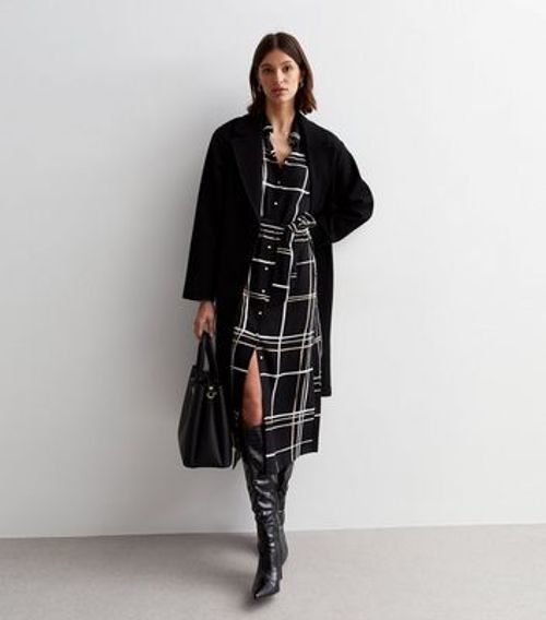 Black Check Print Belted Midi...