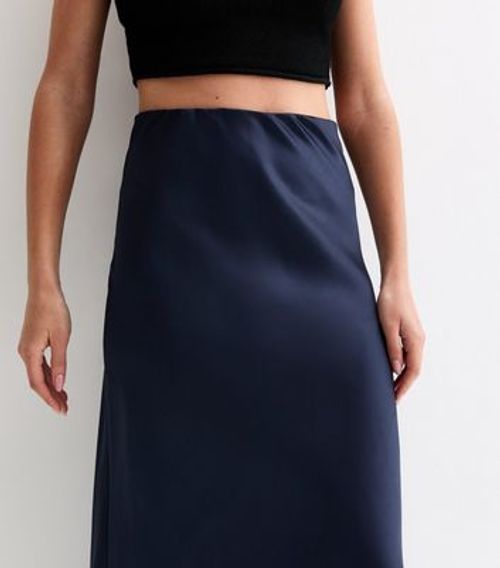 Navy Satin Midi Skirt New Look