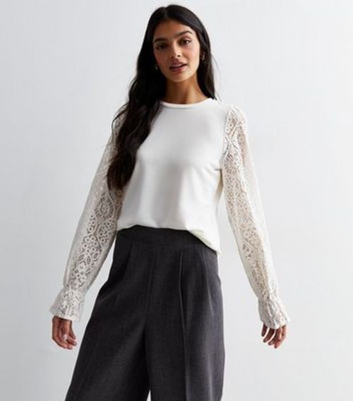 Cream Lace Sleeve Crew Neck...