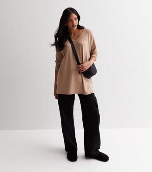 Camel Fine Knit V Neck Long...