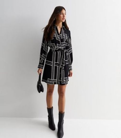 Black Geometric Print Belted...