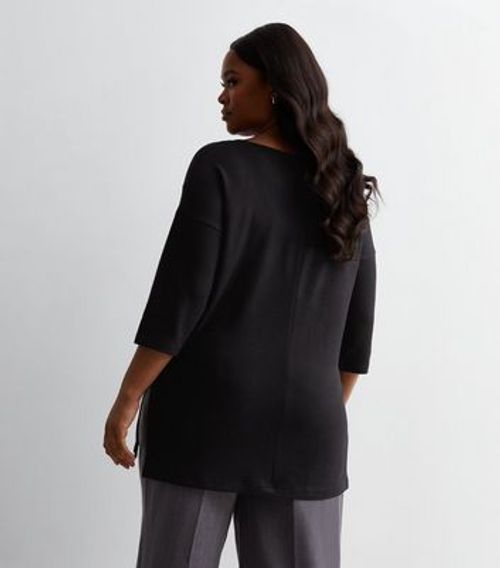 Curves Black Fine Knit Long V Neck Top