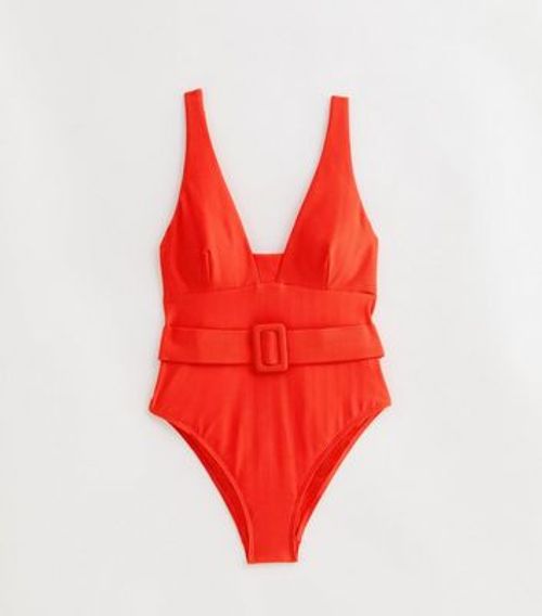 Red Textured Belted Swimsuit...