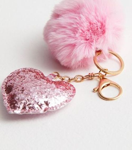 Pink Faux Fur Pom Pom Heart...