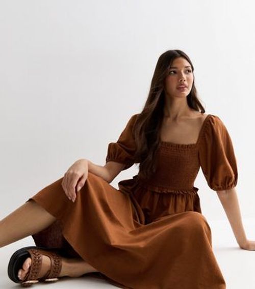 Rust Square Neck Shirred Midi...