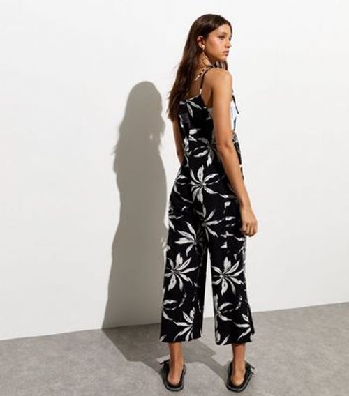 Black Linen-Blend Palm Print Jumpsuit New Look