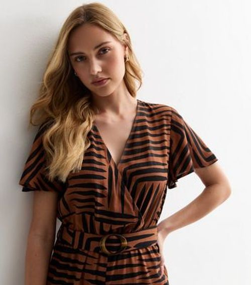 Brown Line Print Belted Wrap...