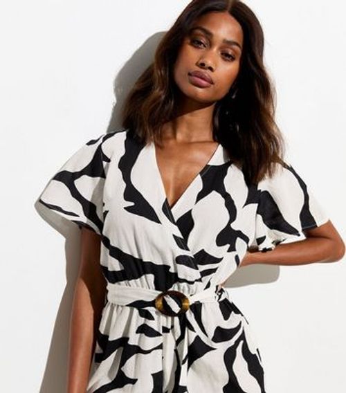 Black Leaf Print Belted Wrap...