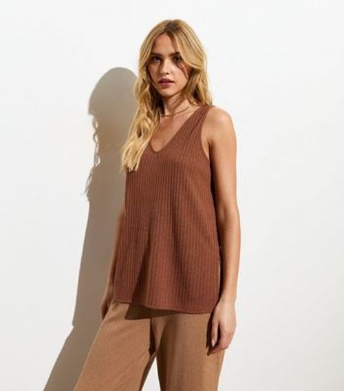 Rust Ribbed Fine Knit V Neck...