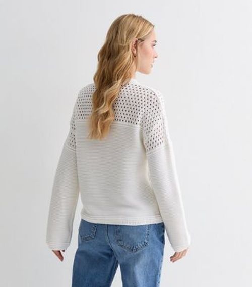 White Mesh Stitch Knit Crew...