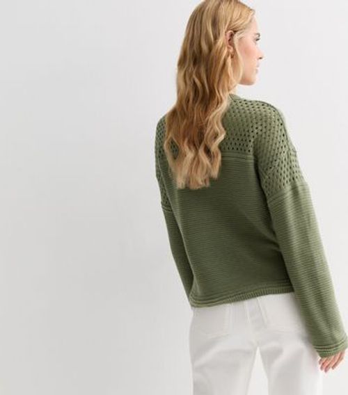 Olive Mesh Stitch Knit Crew...