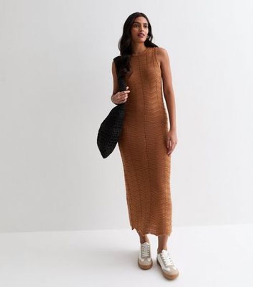 Tan Zig Zag Stitch Maxi Dress...