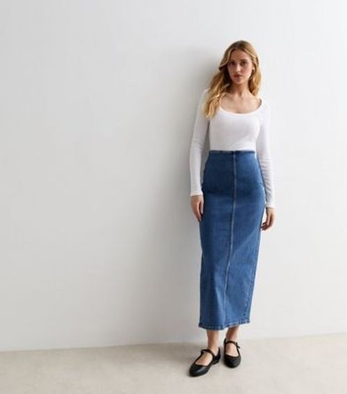 Blue Denim Maxi Tube Skirt...