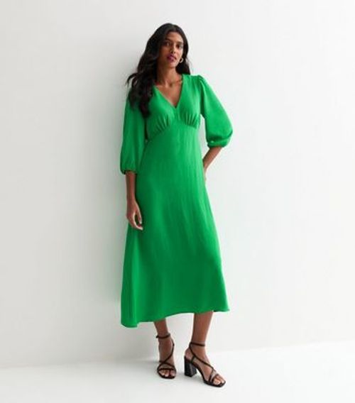 Green Satin V Neck Midi Dress...