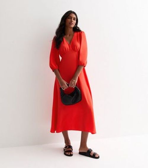 Red Satin V Neck Midi Dress...