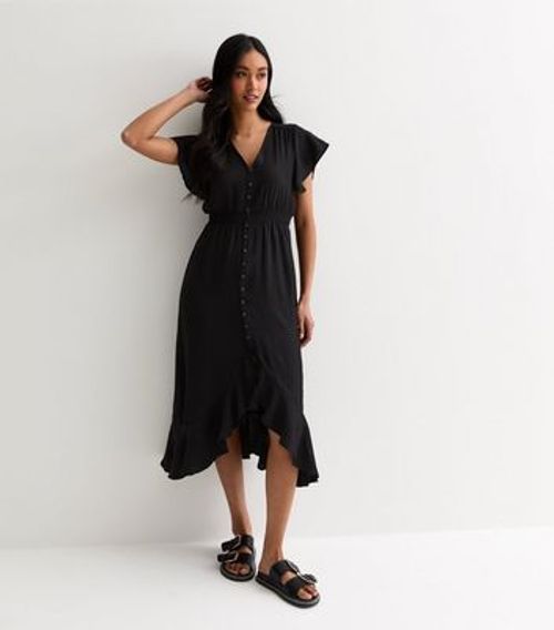 Black Shirred Waist Midi...