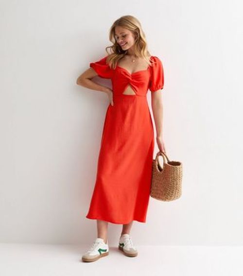 Red Twist Front Midi Dress...