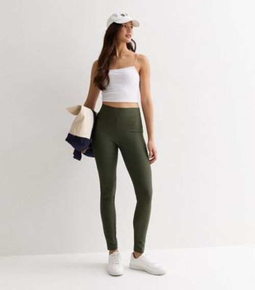 Khaki Ribbed Leggings New Look