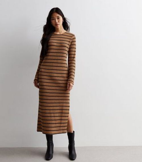 Light Brown Stripe Knit Midi...