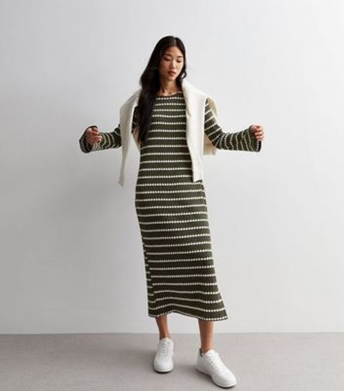 Khaki Stripe Knit Midi Dress...