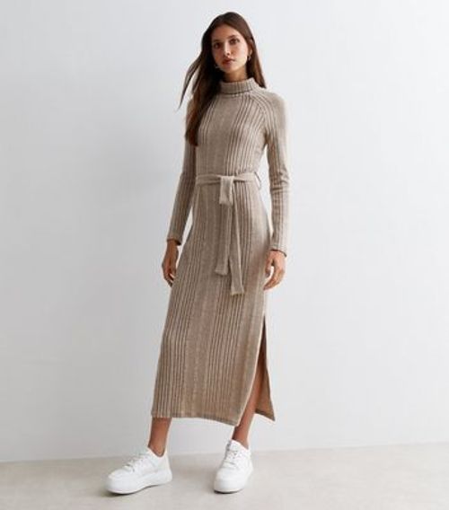Stone Ribbed Roll Neck Belted...