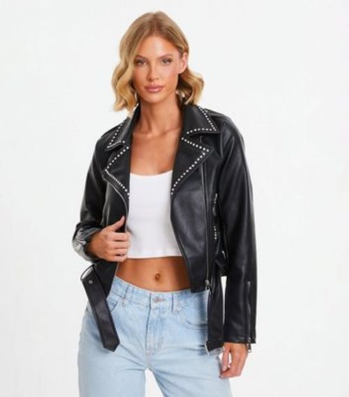 QUIZ Black Leather-Look Biker...