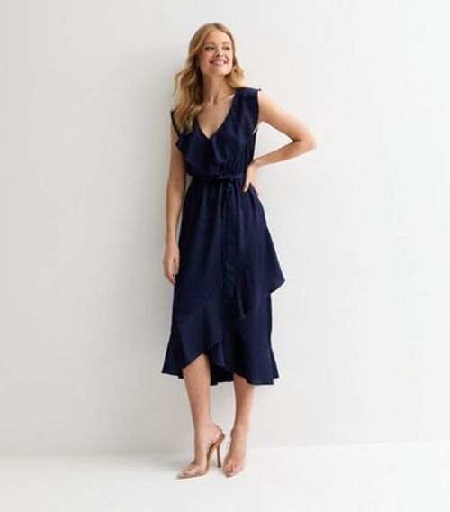 Navy Sleeveless Belted Ruffle...