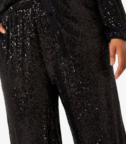 Curves Black Sequin Wide Leg Trousers