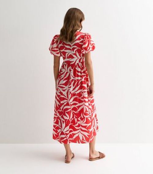 Red Leaf Print Puff Sleeve...