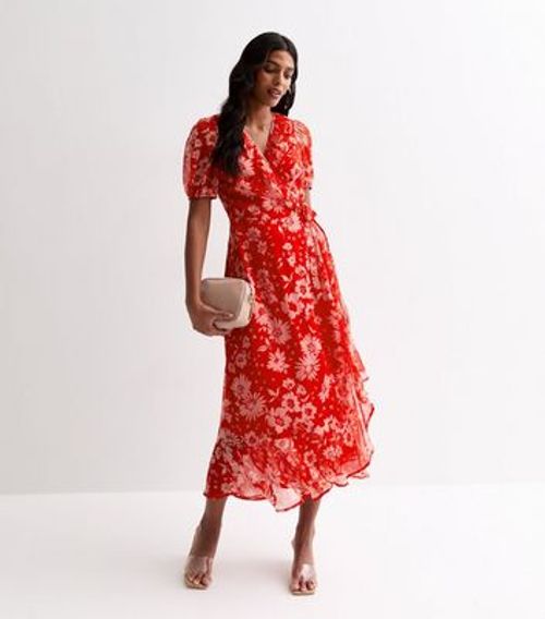 Red Chiffon Floral Print Midi...