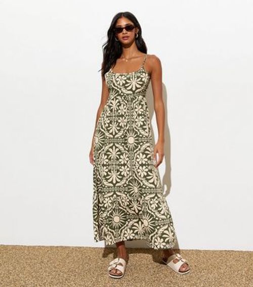 Green Tile-Print Strappy Midi...