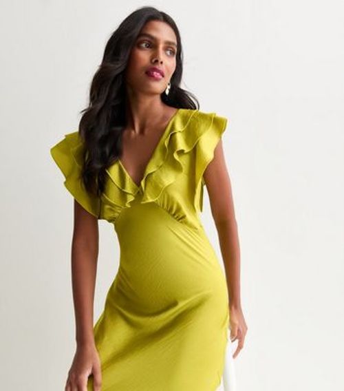 Green Ruffle V Neck Midi Slip...