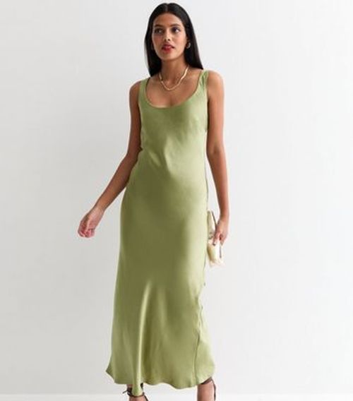 Olive Satin Scoop-Neck Maxi...