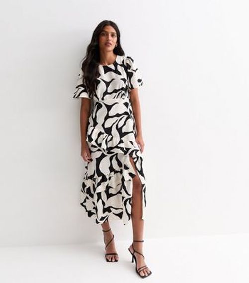 Black Leaf Print Ruffle Midi...