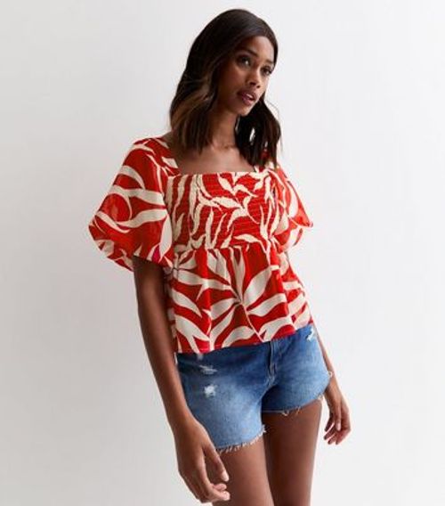 Red Palm Tree Puff-Sleeve Top...