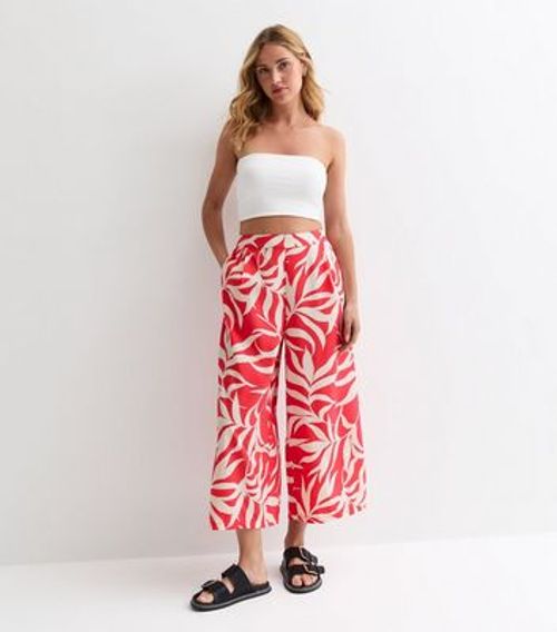 Red Leaf-Print Wide Leg...