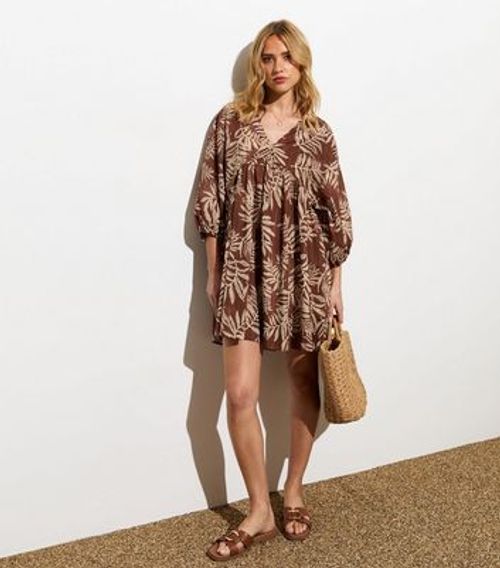 Brown Palm Tree Print Smock...