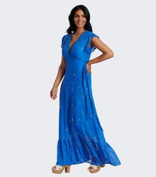 South Beach Blue Sequin Wrap Midi Dress New Look