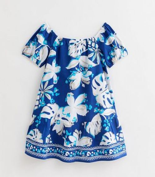 Blue Tropical-Print Bardot...